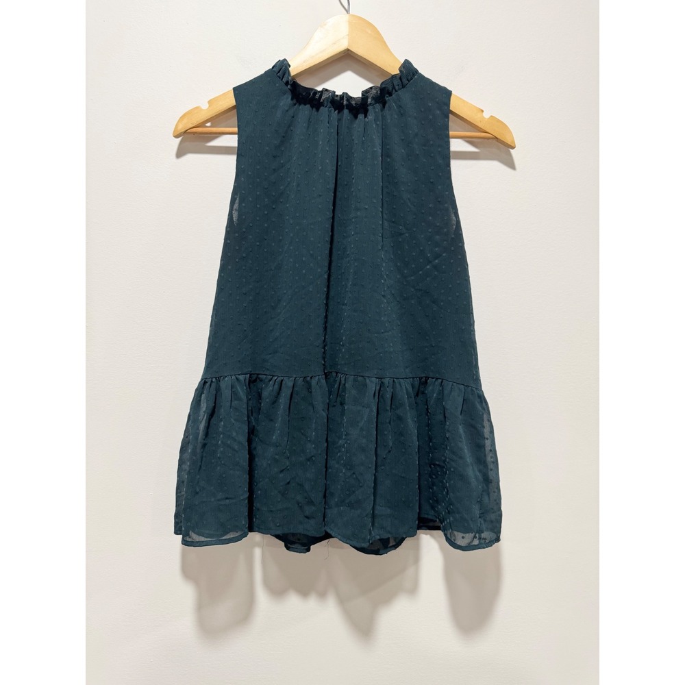 LOFT Teal Green Clip Dot Ruffle Neck Peplum Sleeveless Blouse Small